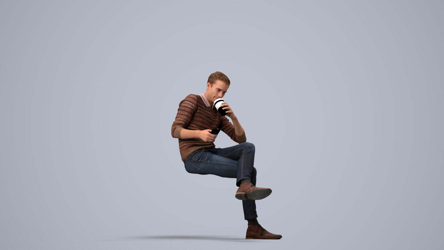 photogrammetry 3D man casual sitting, realistic human model archviz FBX, side view render