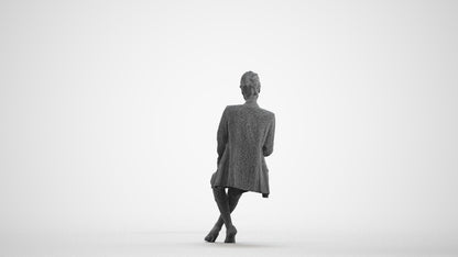 3D scanned woman sitting business, photorealistic archviz people for Enscape and SketchUp, wireframe front view