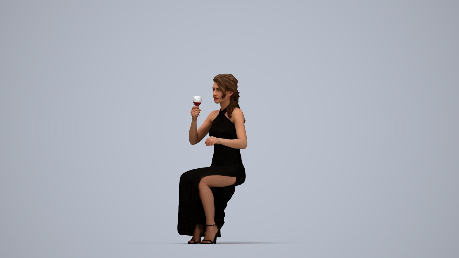 3D human model woman formal formalaffairs, photogrammetry scanned person for archviz, top-down view render