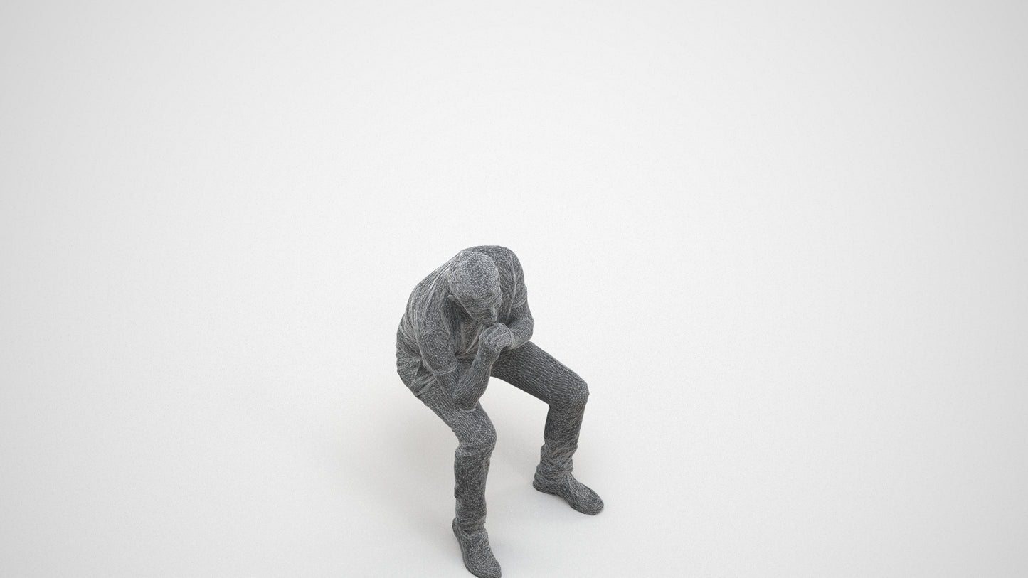 realistic 3D senior man casual sitting, scanned archviz people for Blender and 3ds Max, wireframe three-quarter view