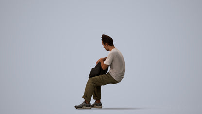 3D human model man casual sitting, photogrammetry scanned person for archviz, three-quarter view render
