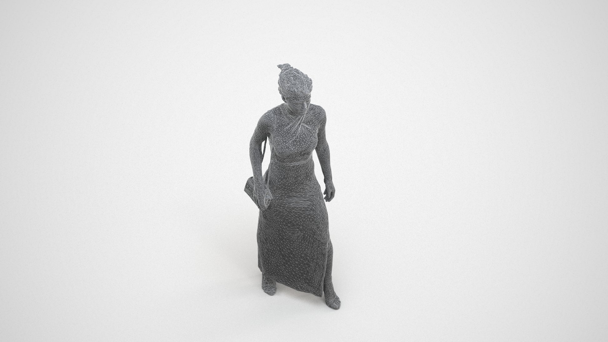 3D human model woman formal formalaffairs, photogrammetry scanned person for archviz, wireframe three-quarter view