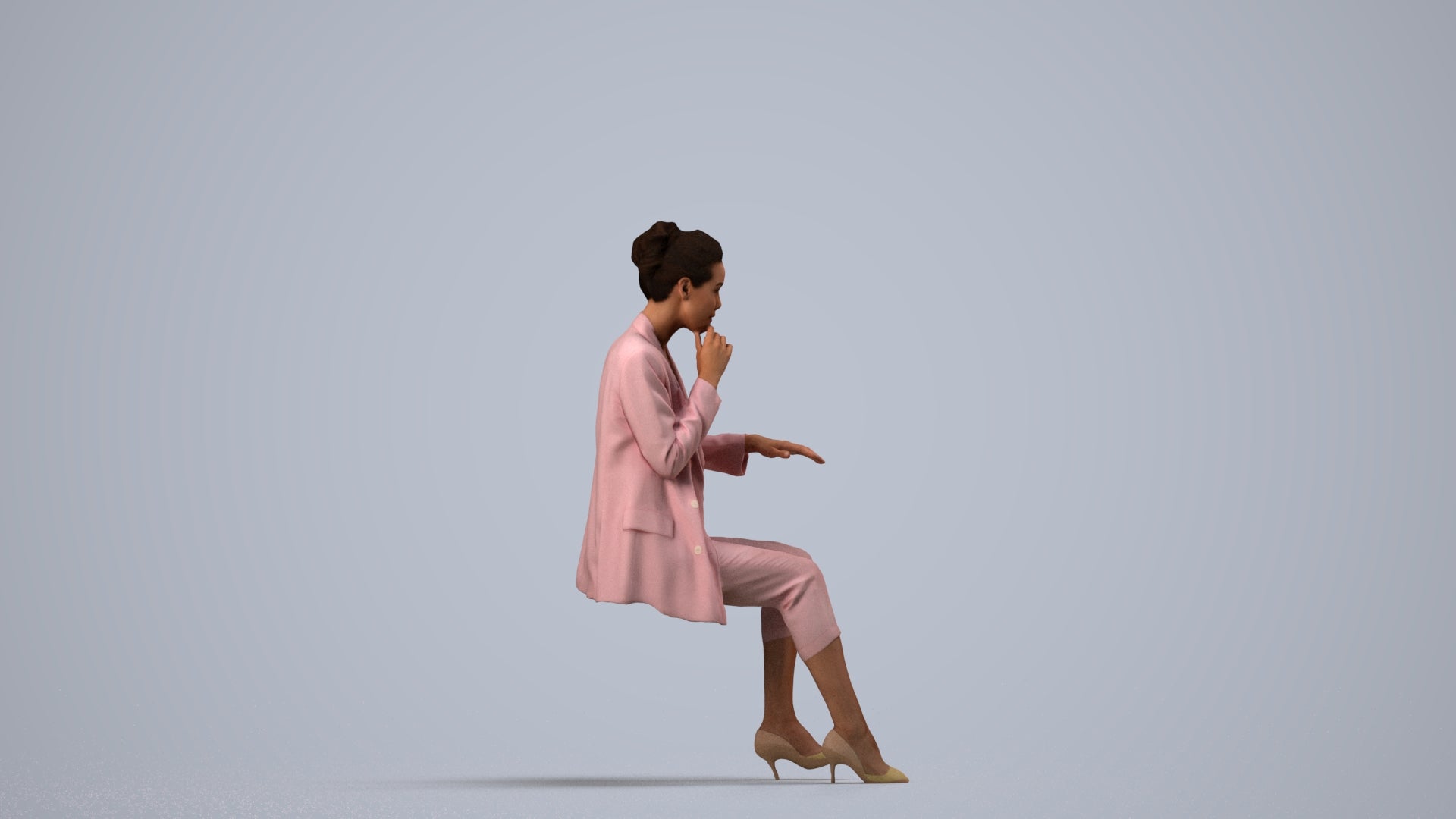 photogrammetry 3D woman business sitting, realistic human model archviz FBX, side view render