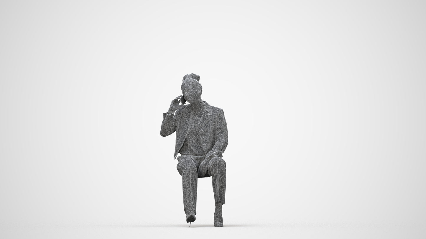 3D human model woman business sitting, photogrammetry scanned person for archviz, wireframe back view