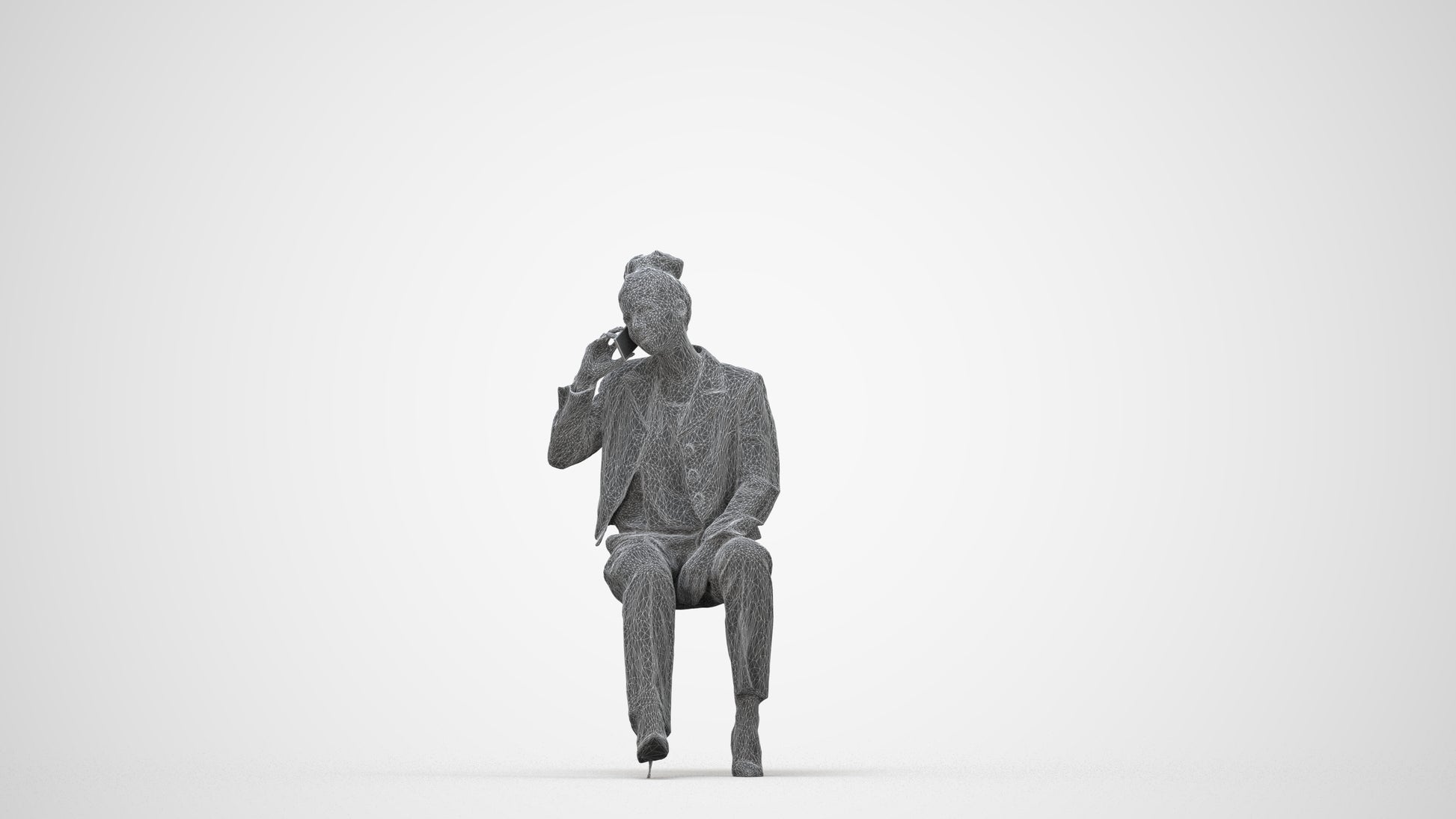 3D human model woman business sitting, photogrammetry scanned person for archviz, wireframe back view