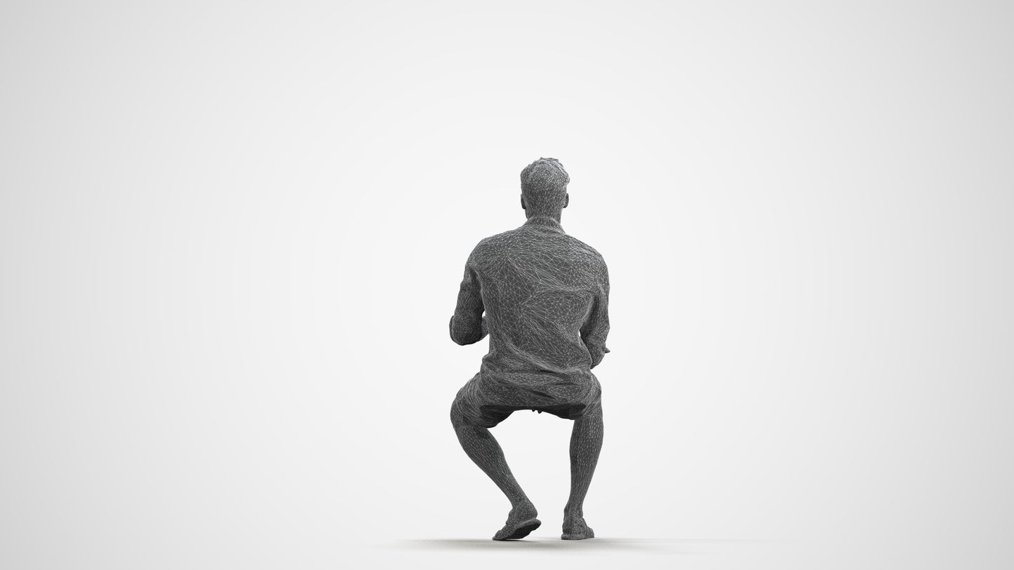 photogrammetry 3D man casual sitting, realistic human model archviz FBX, wireframe front view