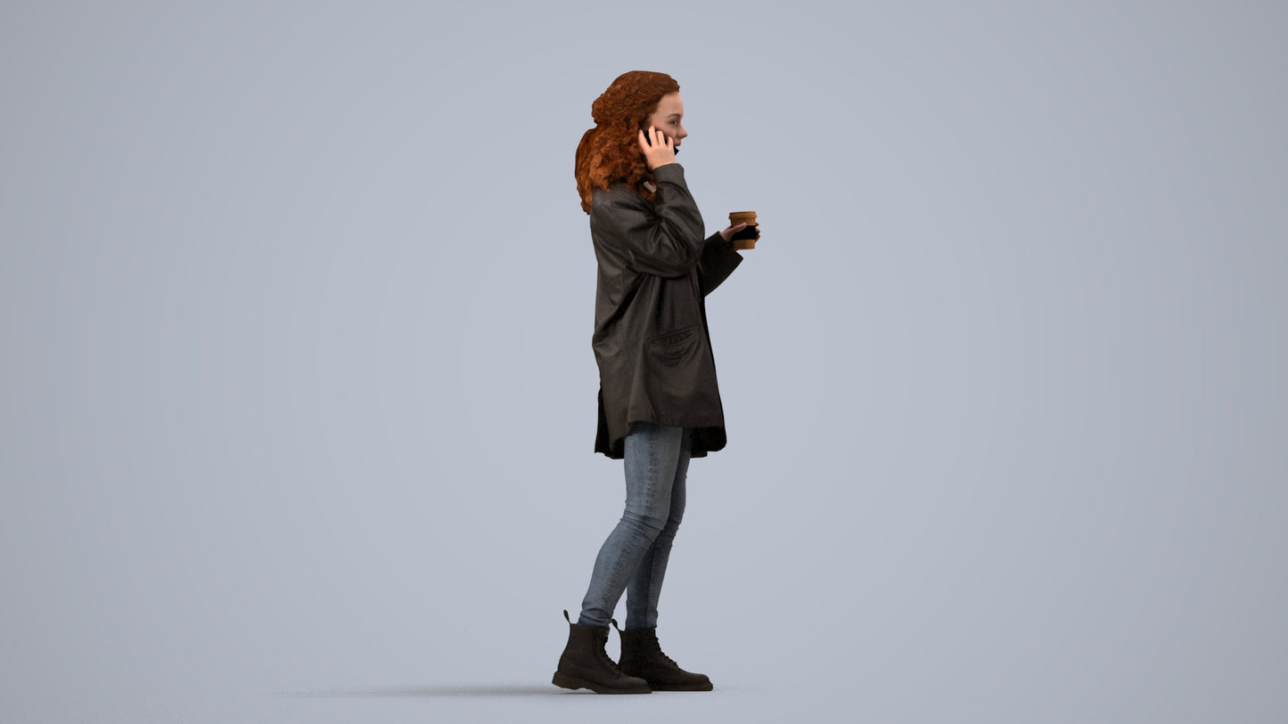 realistic 3D human woman casual walking, archviz people FBX OBJ for Blender, side view render