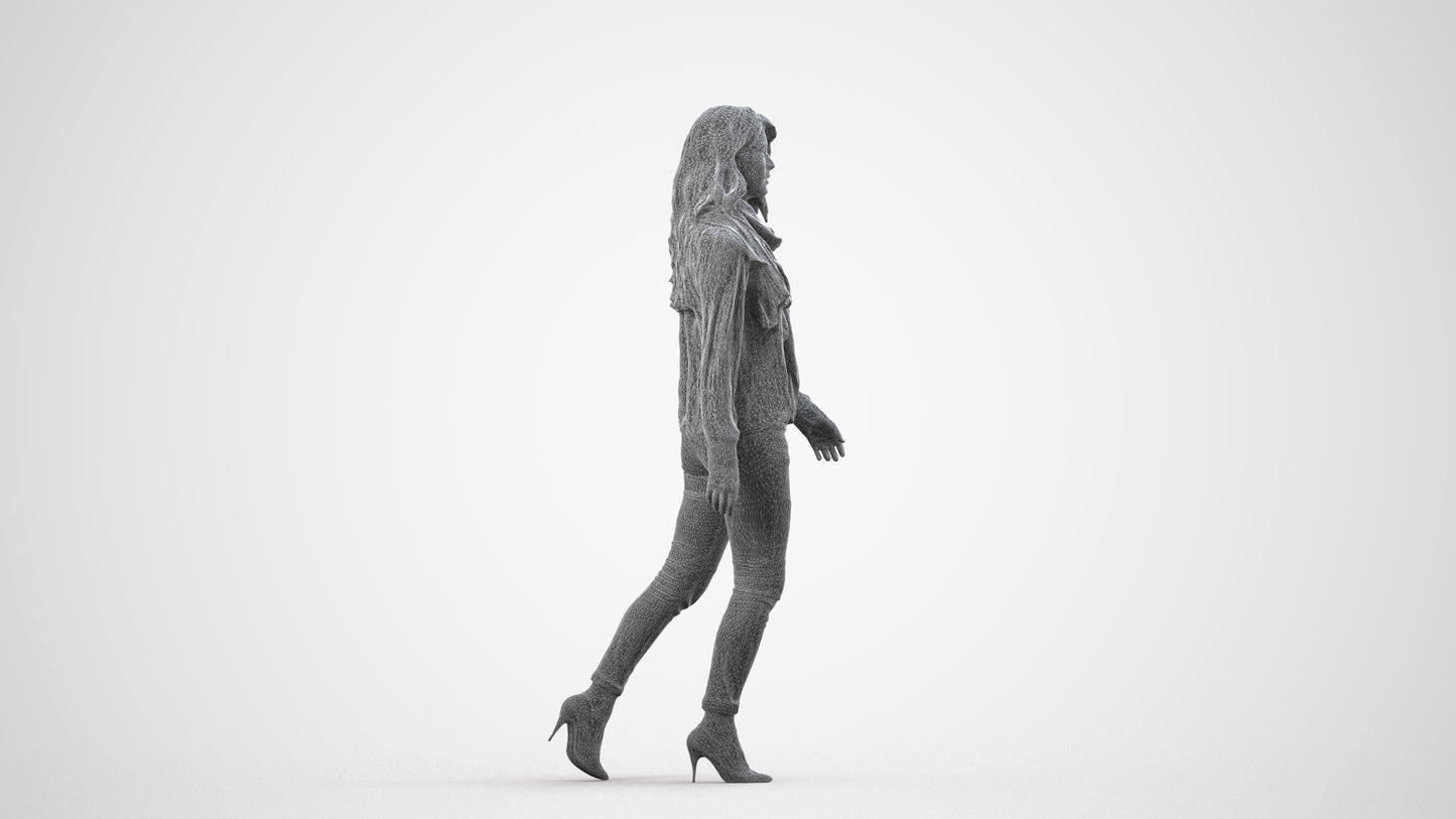3D people model woman casual standing, scanned human for 3ds Max rendering, wireframe side view