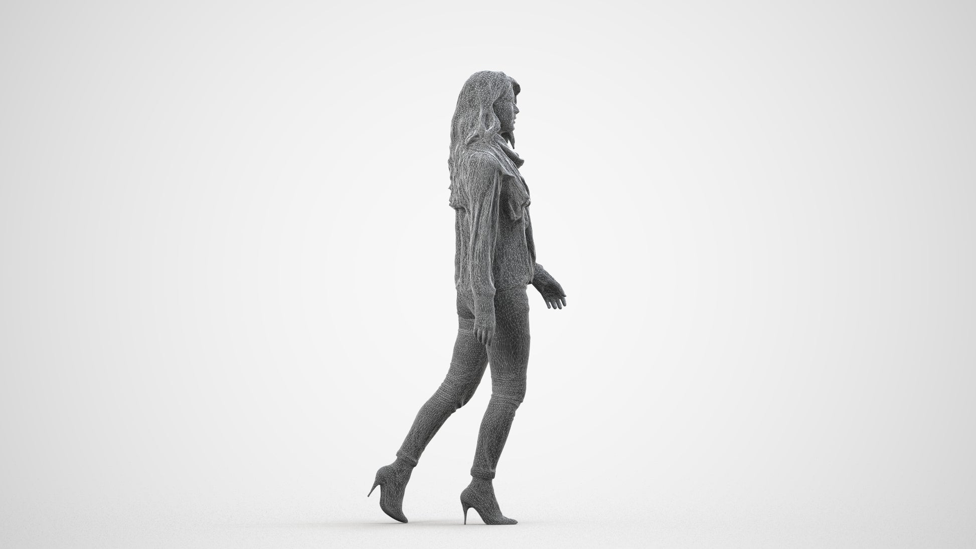 3D people model woman casual standing, scanned human for 3ds Max rendering, wireframe side view