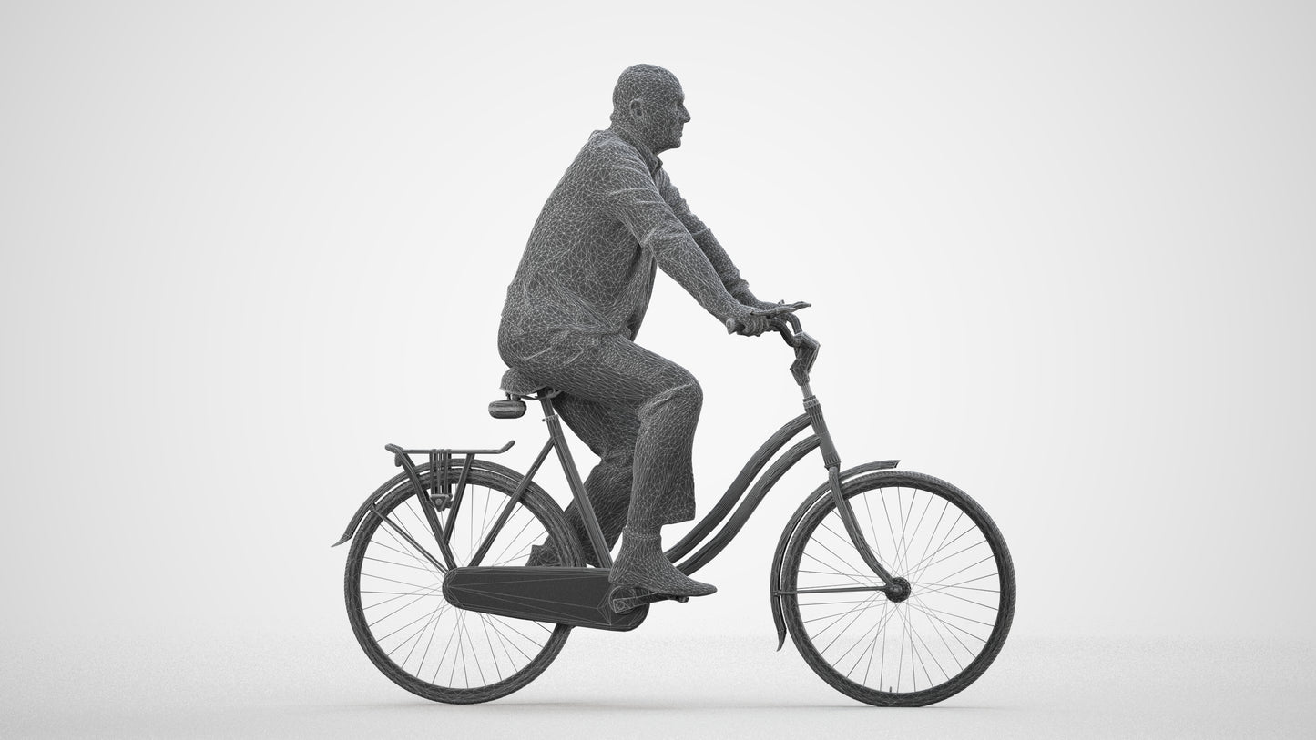 3D human model senior man business cycling, photogrammetry scanned person for archviz, wireframe side view