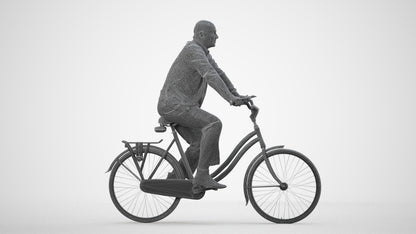 3D human model senior man business cycling, photogrammetry scanned person for archviz, wireframe side view