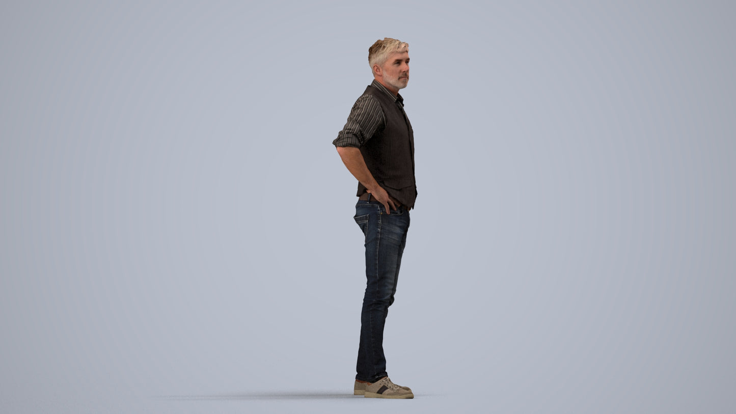 realistic 3D man casual standing, scanned archviz people for Blender and 3ds Max, side view render