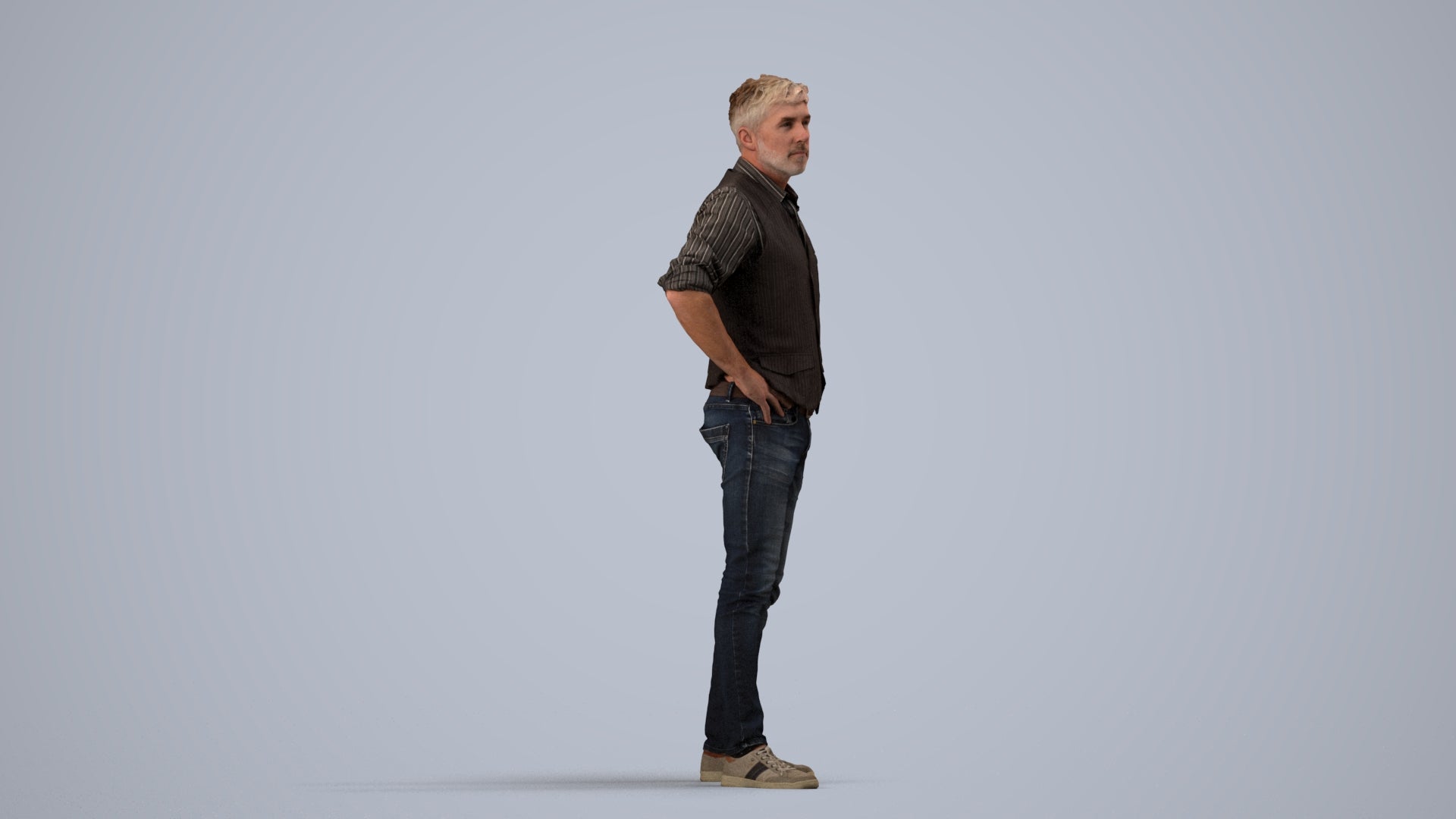 realistic 3D man casual standing, scanned archviz people for Blender and 3ds Max, side view render