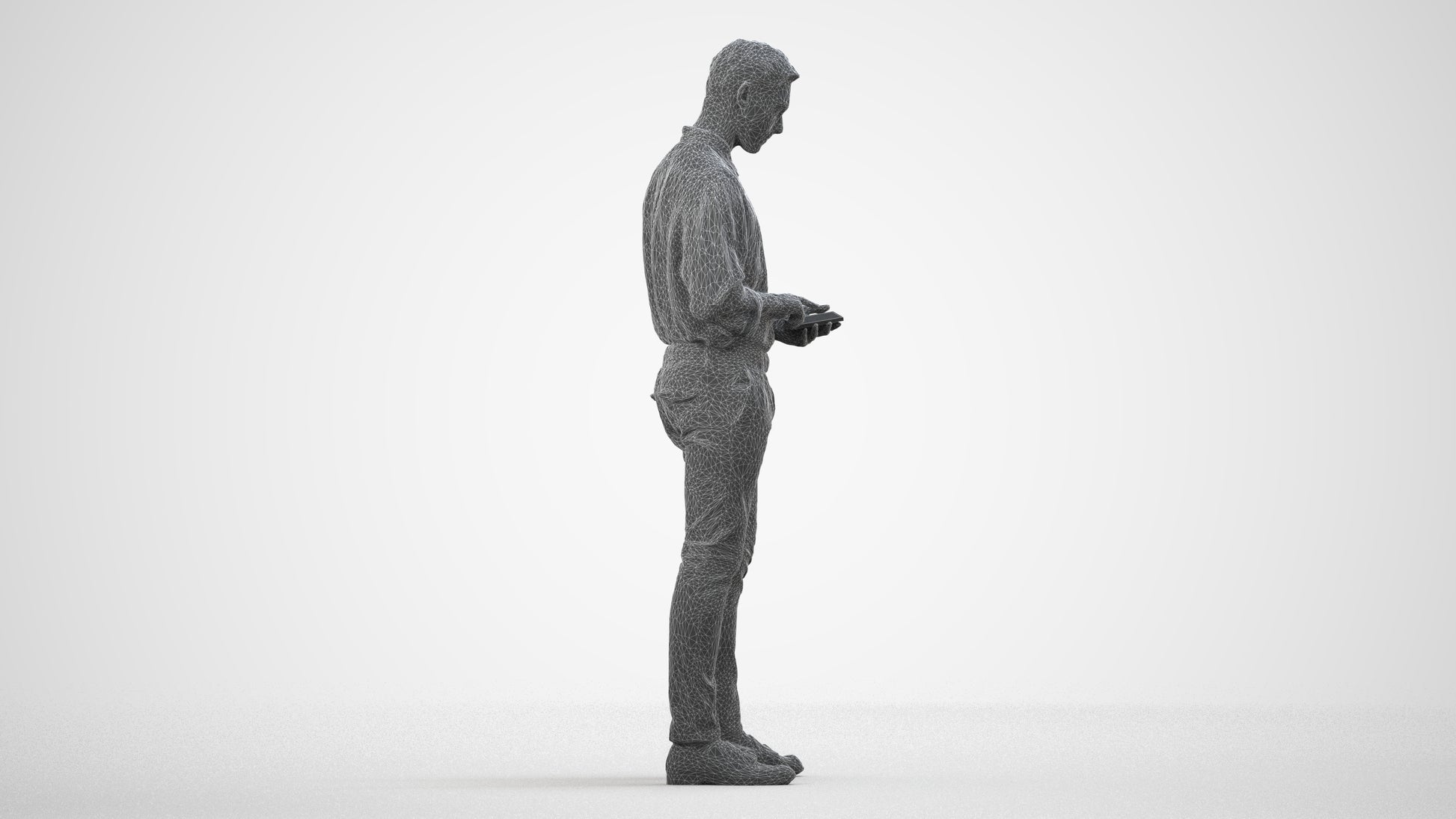 3D people model man casual standing, scanned human for 3ds Max rendering, wireframe side view