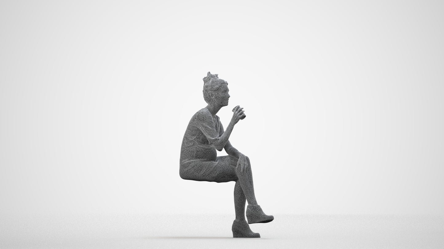 scanned 3D woman casual sitting, photogrammetry people for Enscape and V-Ray, wireframe side view