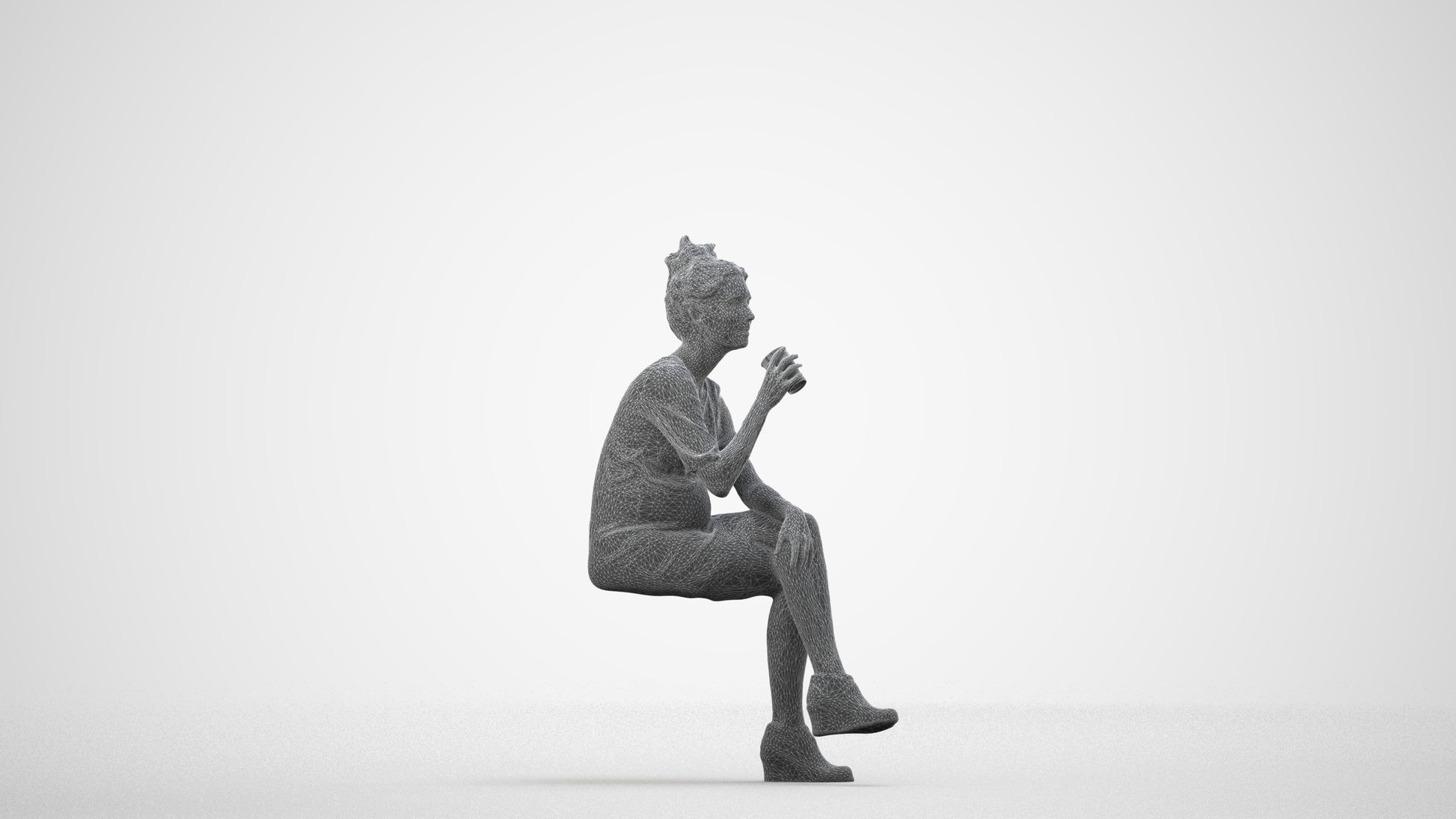 scanned 3D woman casual sitting, photogrammetry people for Enscape and V-Ray, wireframe side view