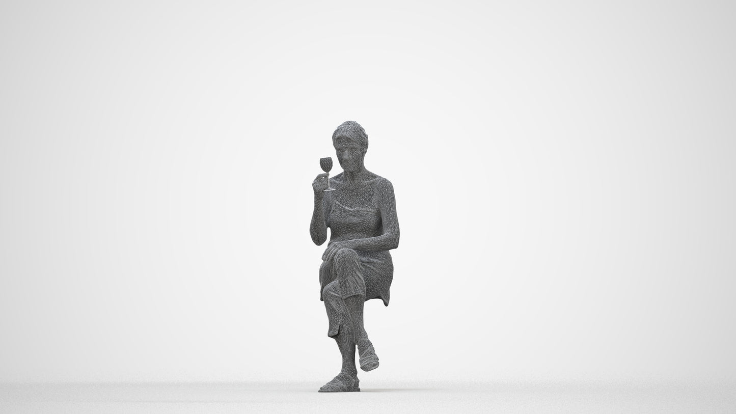 scanned 3D senior woman casual sitting, photogrammetry people for Enscape and V-Ray, wireframe back view