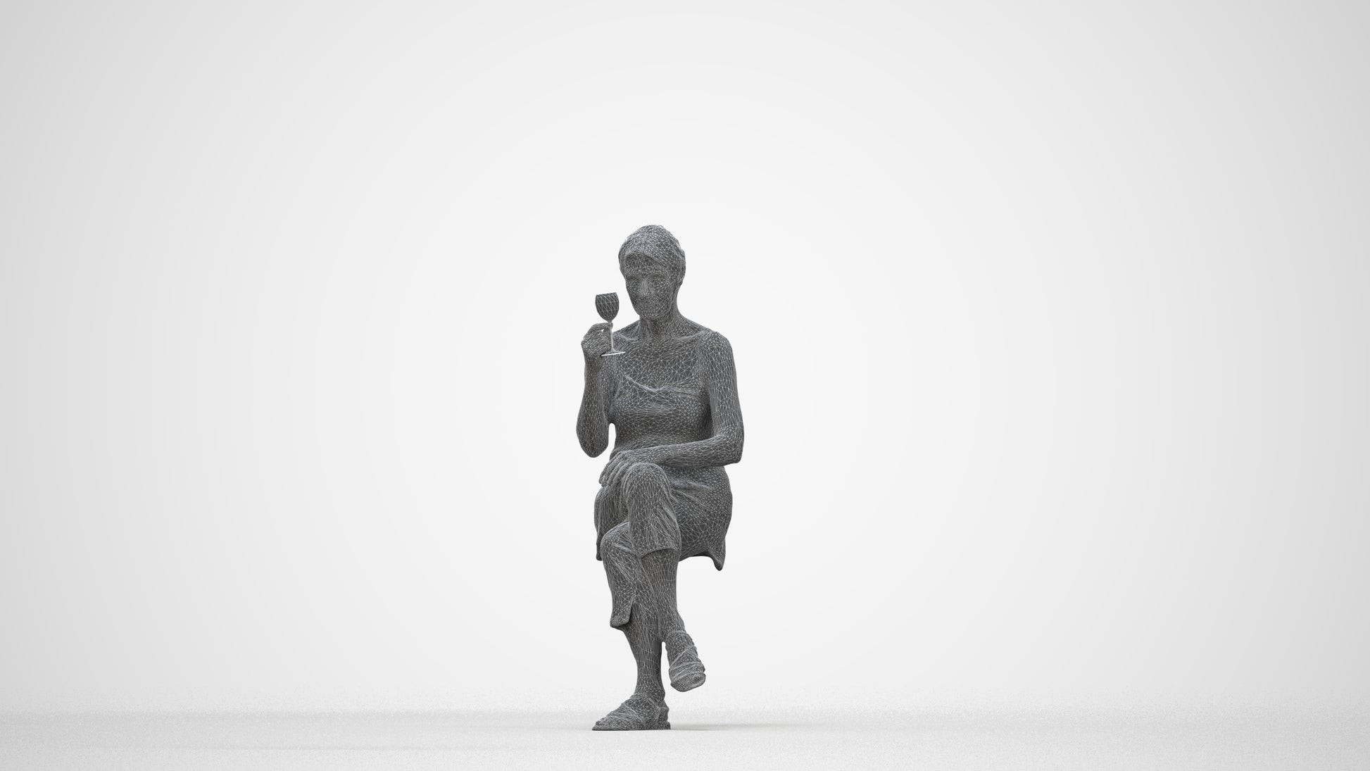 scanned 3D senior woman casual sitting, photogrammetry people for Enscape and V-Ray, wireframe back view