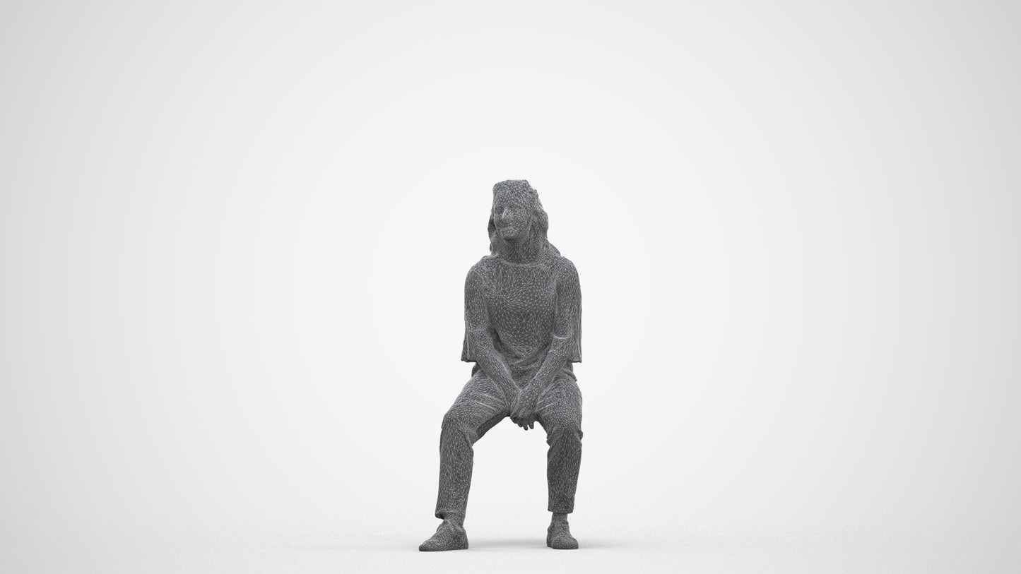 realistic 3D woman casual sitting, scanned archviz people for Blender and 3ds Max, three-quarter front view render