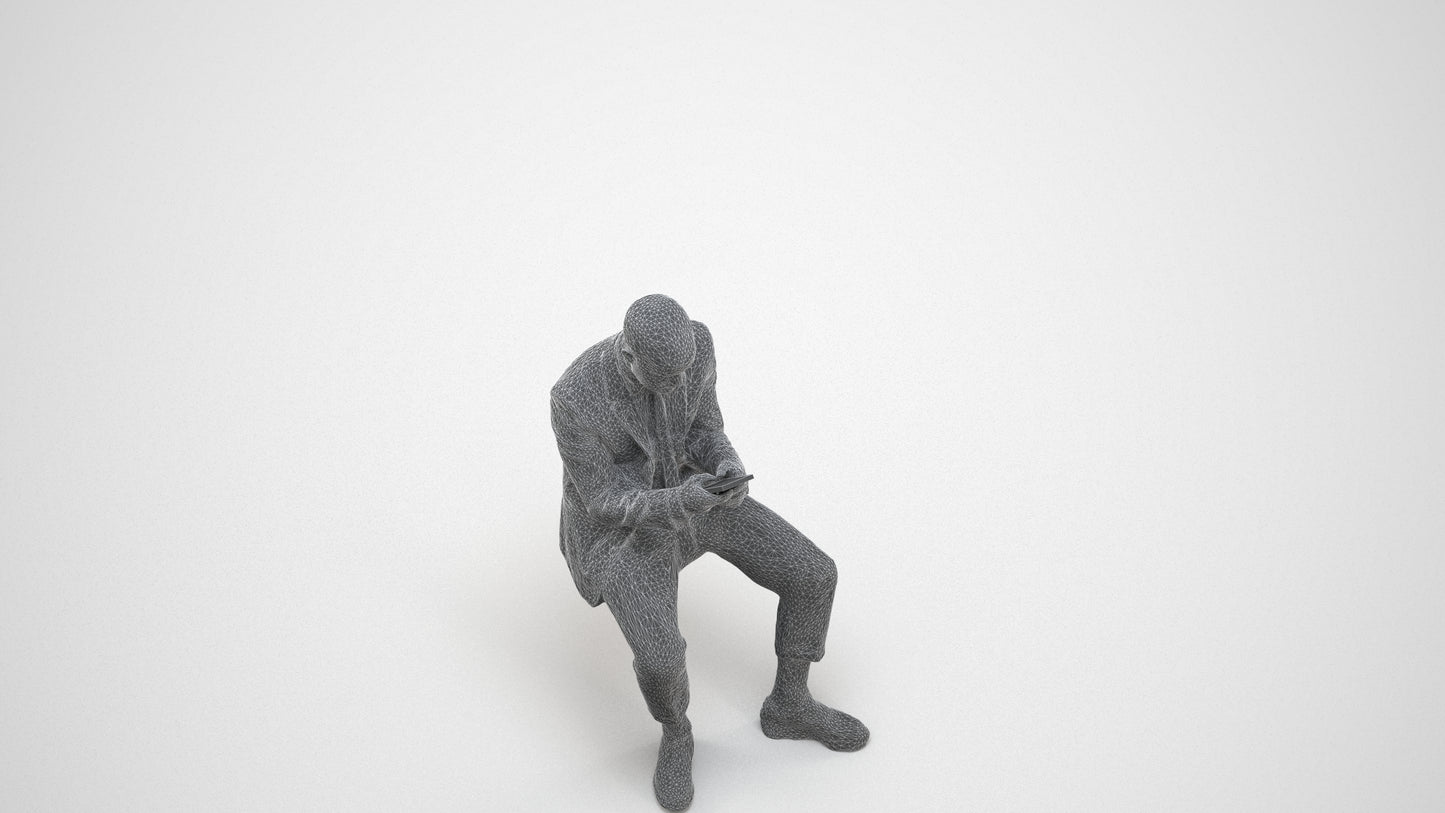 3D human model man business, photogrammetry scanned person for archviz, wireframe three-quarter view
