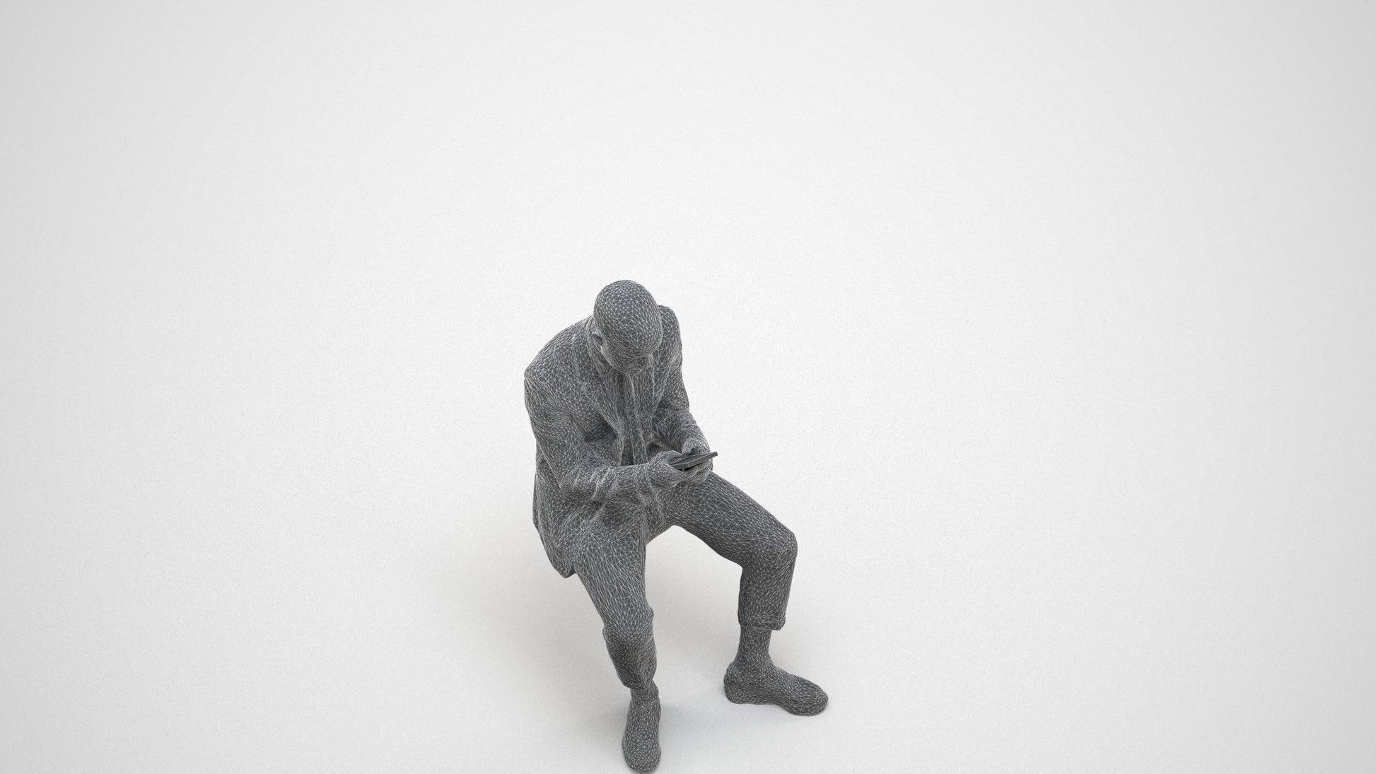 3D human model man business, photogrammetry scanned person for archviz, wireframe three-quarter view