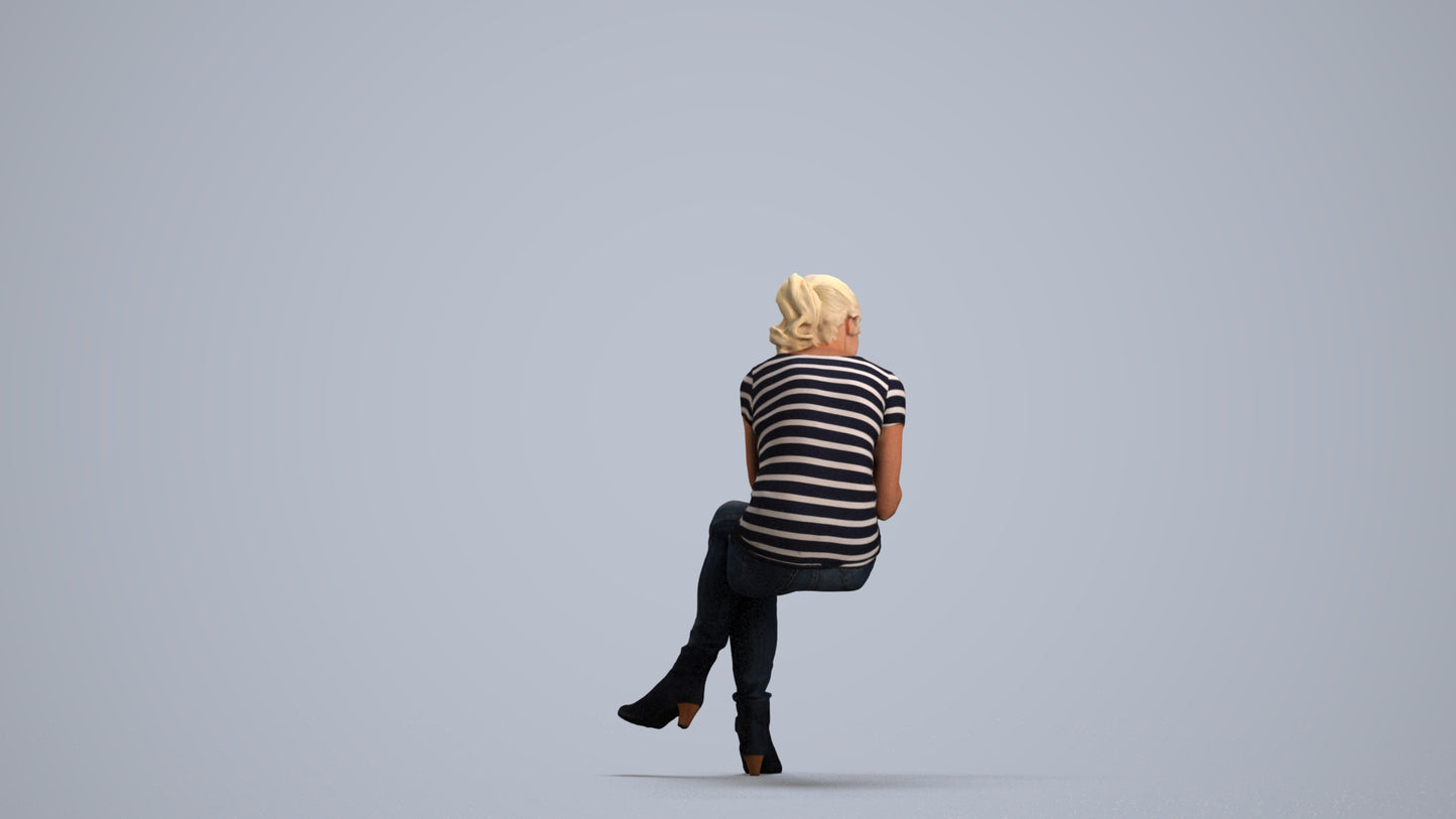 realistic 3D human senior woman casual sitting, archviz people FBX OBJ for Blender, front view render
