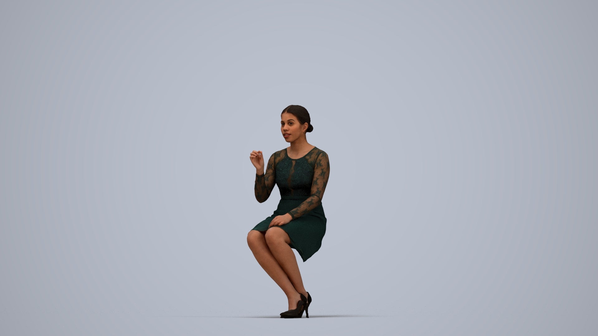 realistic 3D human woman business sitting, archviz people FBX OBJ for Blender, top-down view render