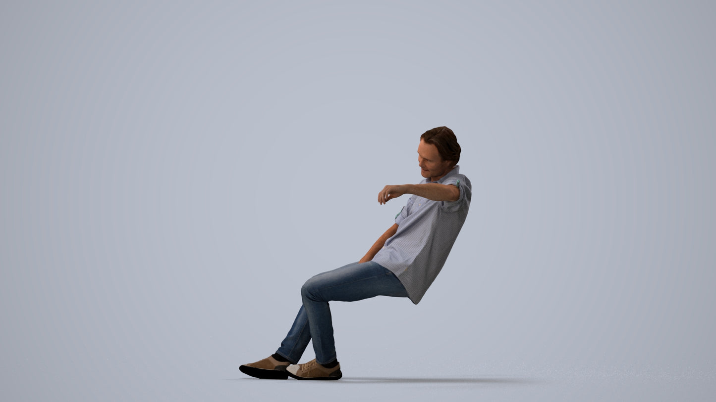 3D human model man casual sitting, photogrammetry scanned person for archviz, three-quarter view render