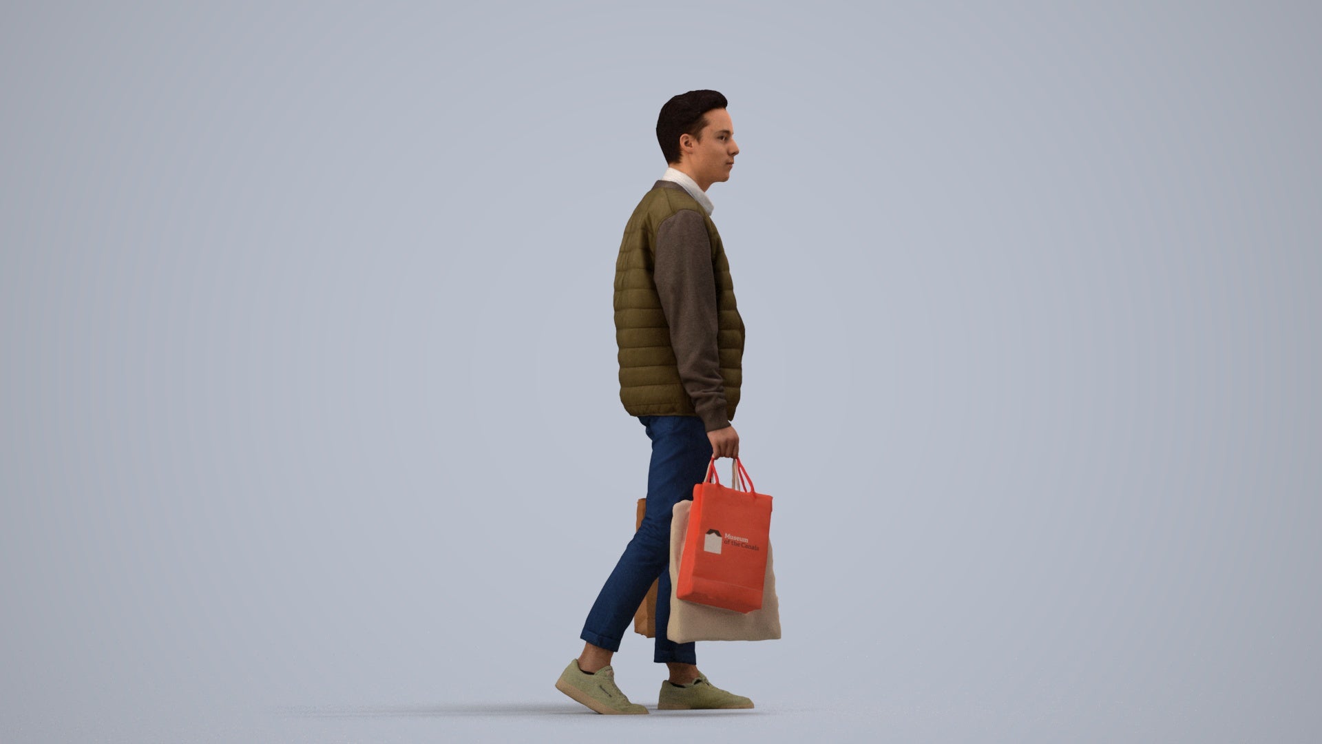 3D human model man casual formal, photogrammetry scanned person for archviz, side view render
