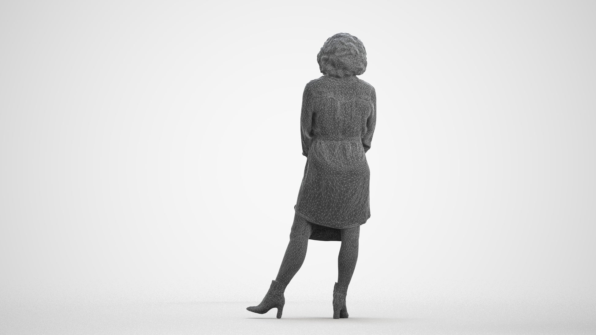 realistic 3D woman casual standing, scanned archviz people for Blender and 3ds Max, wireframe front view