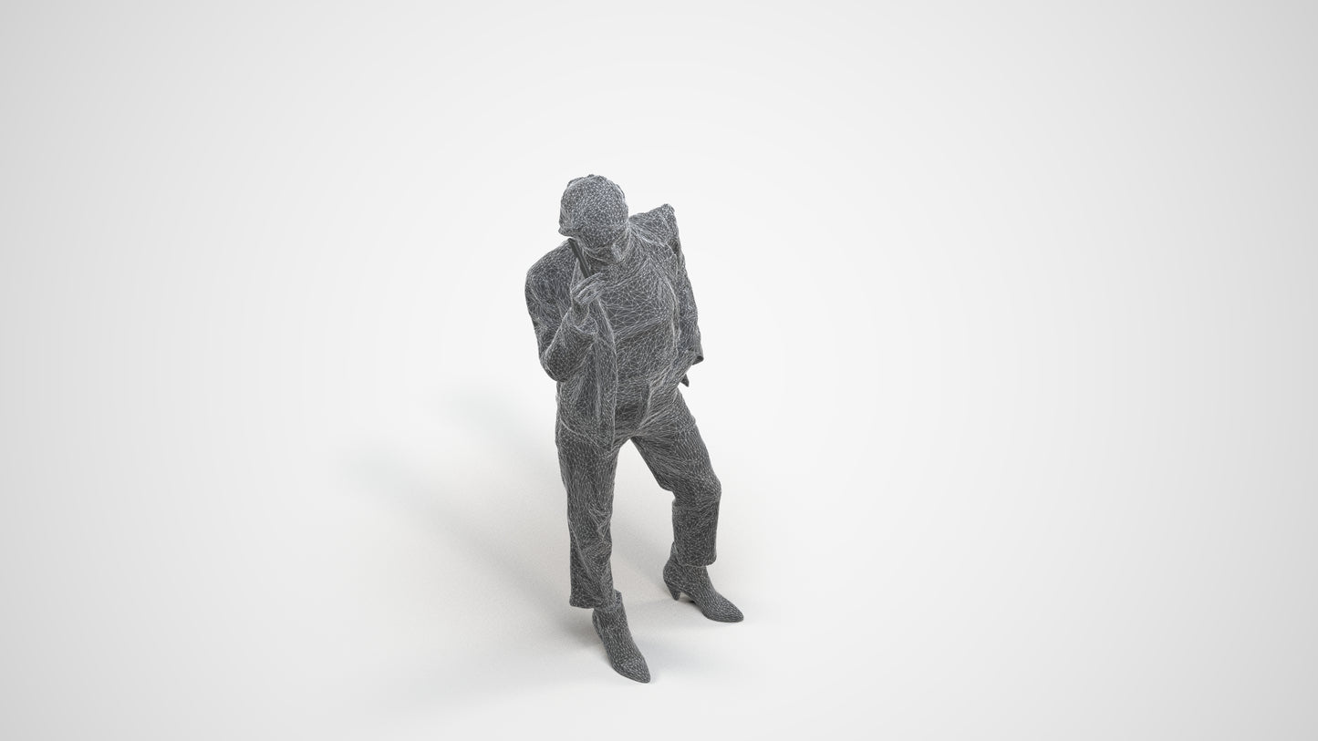 3D scanned woman standing business, photorealistic archviz people for Enscape and SketchUp, wireframe three-quarter view