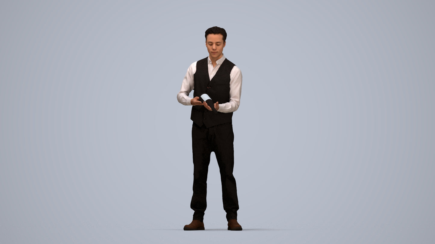 3D human model man hospitality, photogrammetry scanned person for archviz, top-down view render