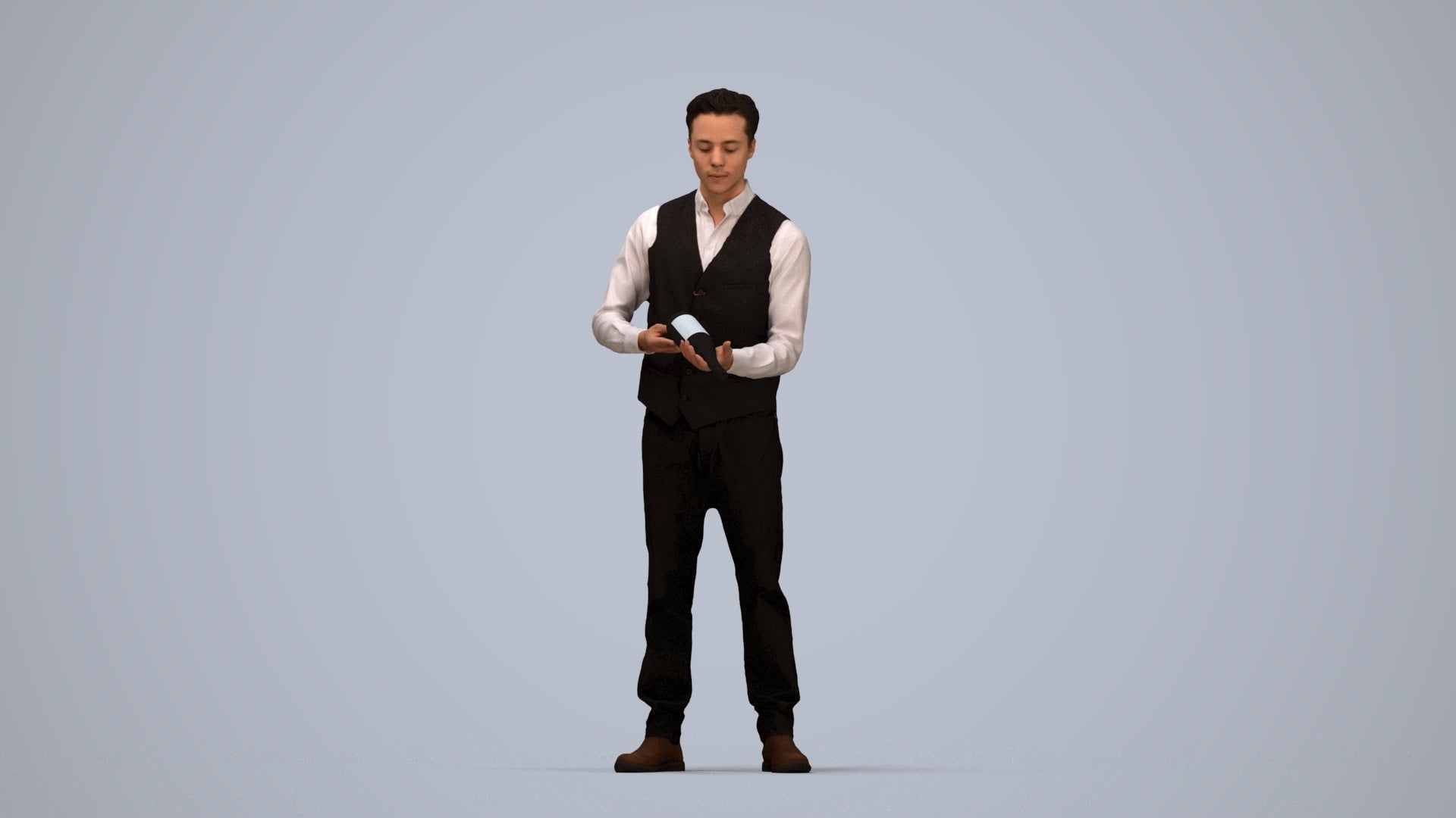 3D human model man hospitality, photogrammetry scanned person for archviz, top-down view render