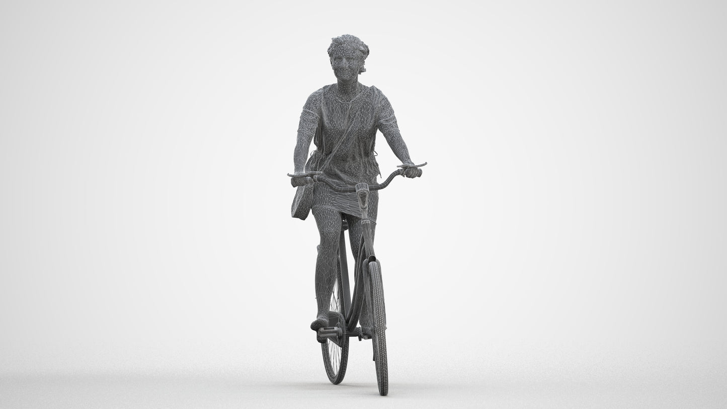 realistic 3D woman casual cycling, scanned archviz people for Blender and 3ds Max, three-quarter front view render