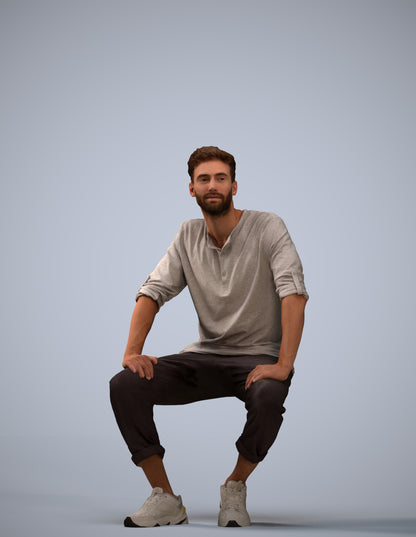 3D human model man casual sitting, photogrammetry scanned person for archviz