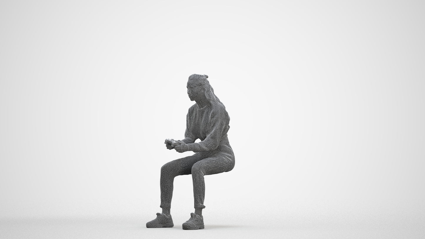 3D scanned woman sitting, photorealistic archviz people for Enscape and SketchUp, three-quarter front view render