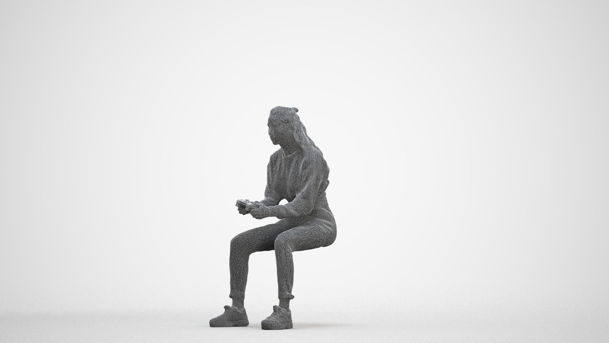 3D scanned woman sitting, photorealistic archviz people for Enscape and SketchUp, three-quarter front view render