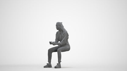 3D scanned woman sitting, photorealistic archviz people for Enscape and SketchUp, three-quarter front view render
