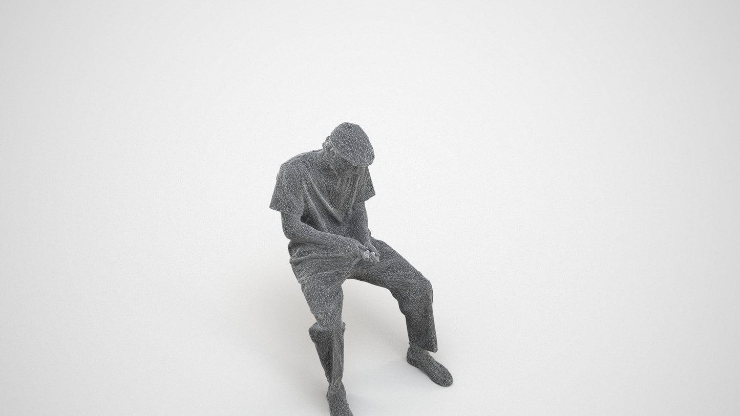 scanned 3D man casual sitting, photogrammetry people for Enscape and V-Ray, wireframe three-quarter view