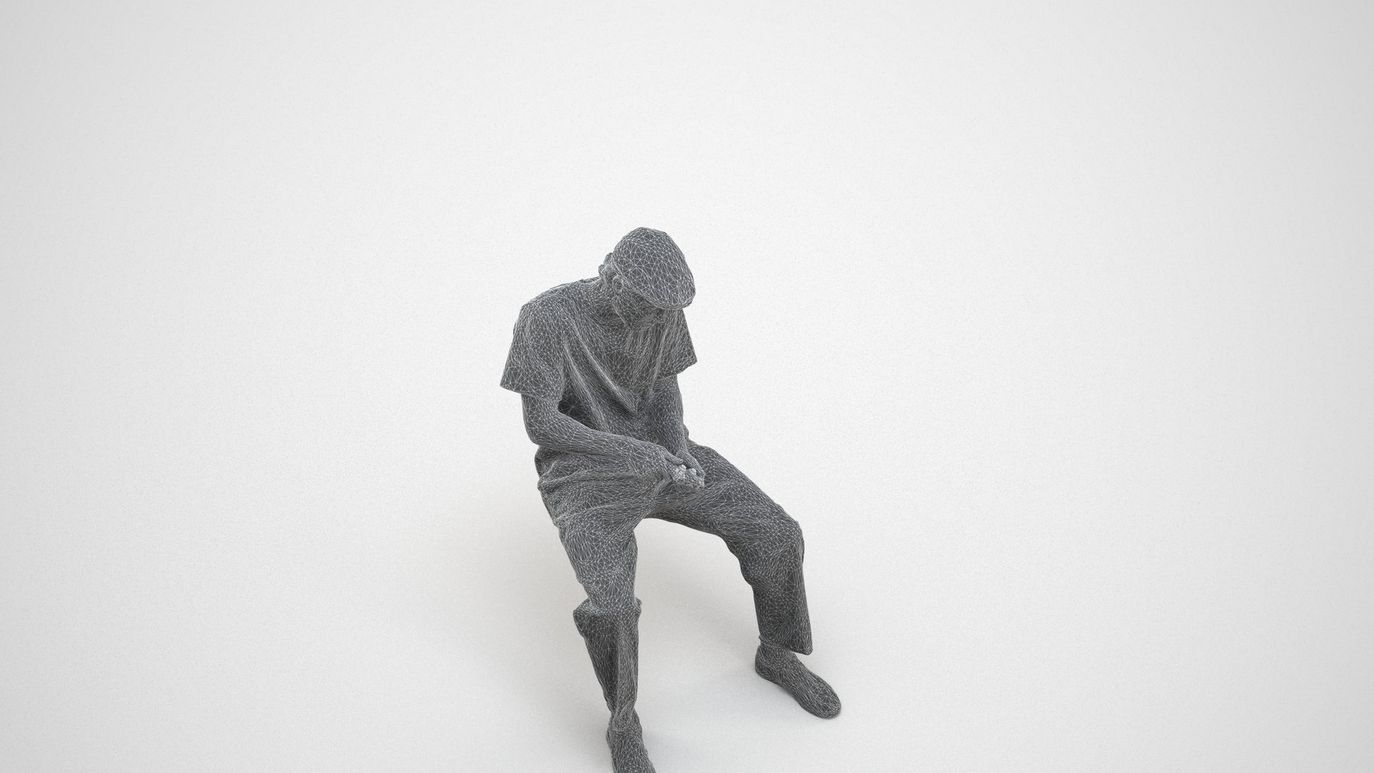 scanned 3D man casual sitting, photogrammetry people for Enscape and V-Ray, wireframe three-quarter view