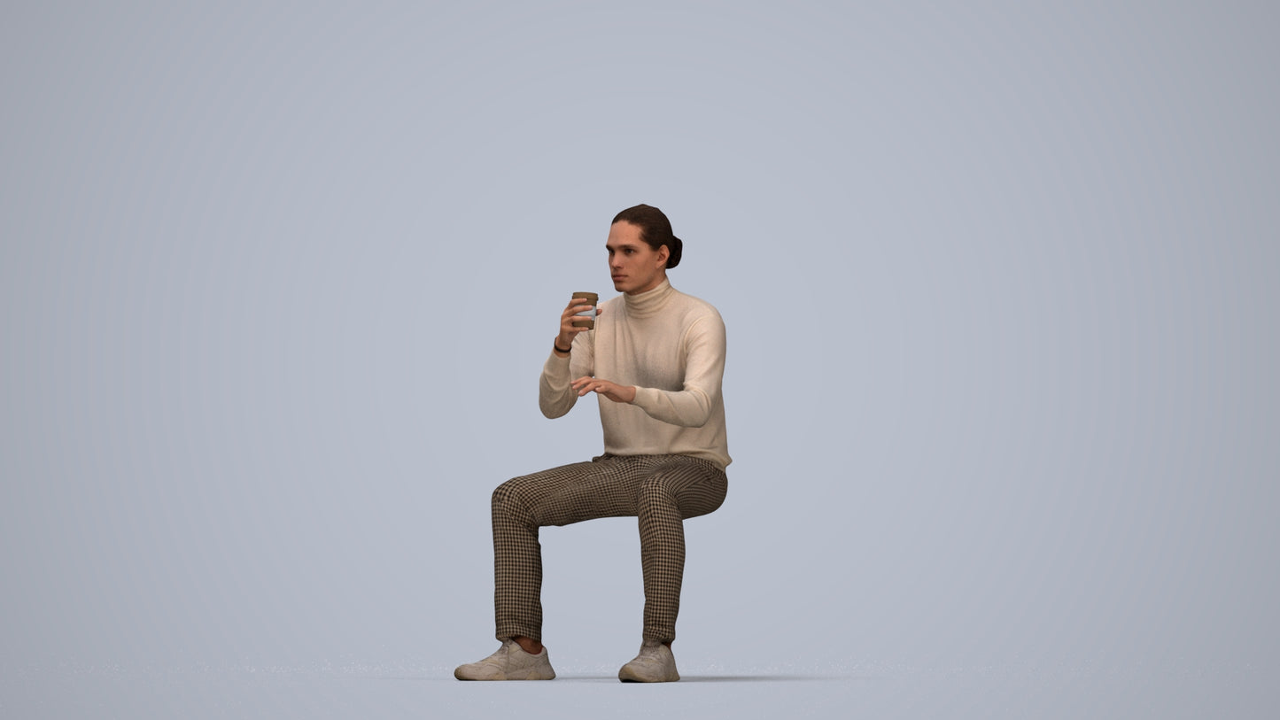 realistic 3D people man casual sitting, render-ready for V-Ray and Corona, FBX OBJ, top-down view render