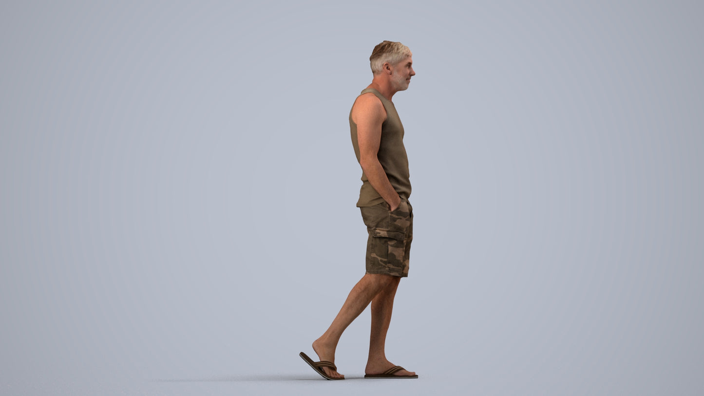 3D human model man casual walking, photogrammetry scanned person for archviz, side view render