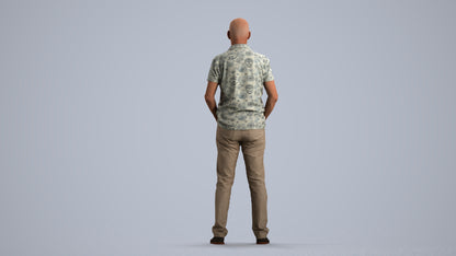 3D human model senior man casual standing, photogrammetry scanned person for archviz, front view render