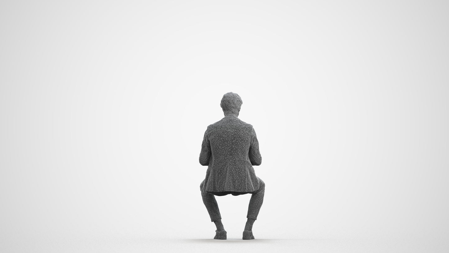 photogrammetry 3D man business sitting, realistic human model archviz FBX, wireframe front view