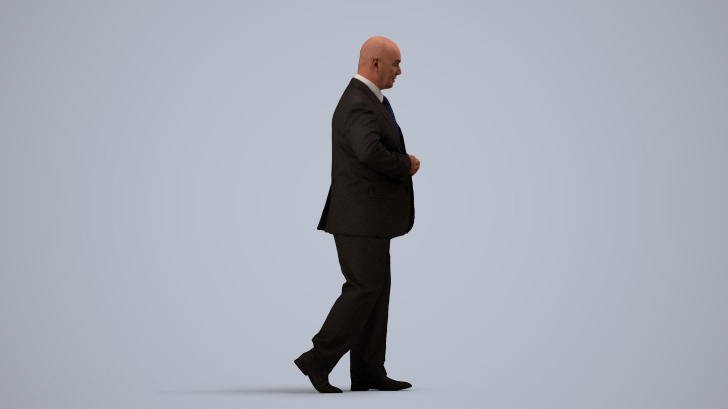 3D human model senior man business mix, photogrammetry scanned person for archviz, side view render