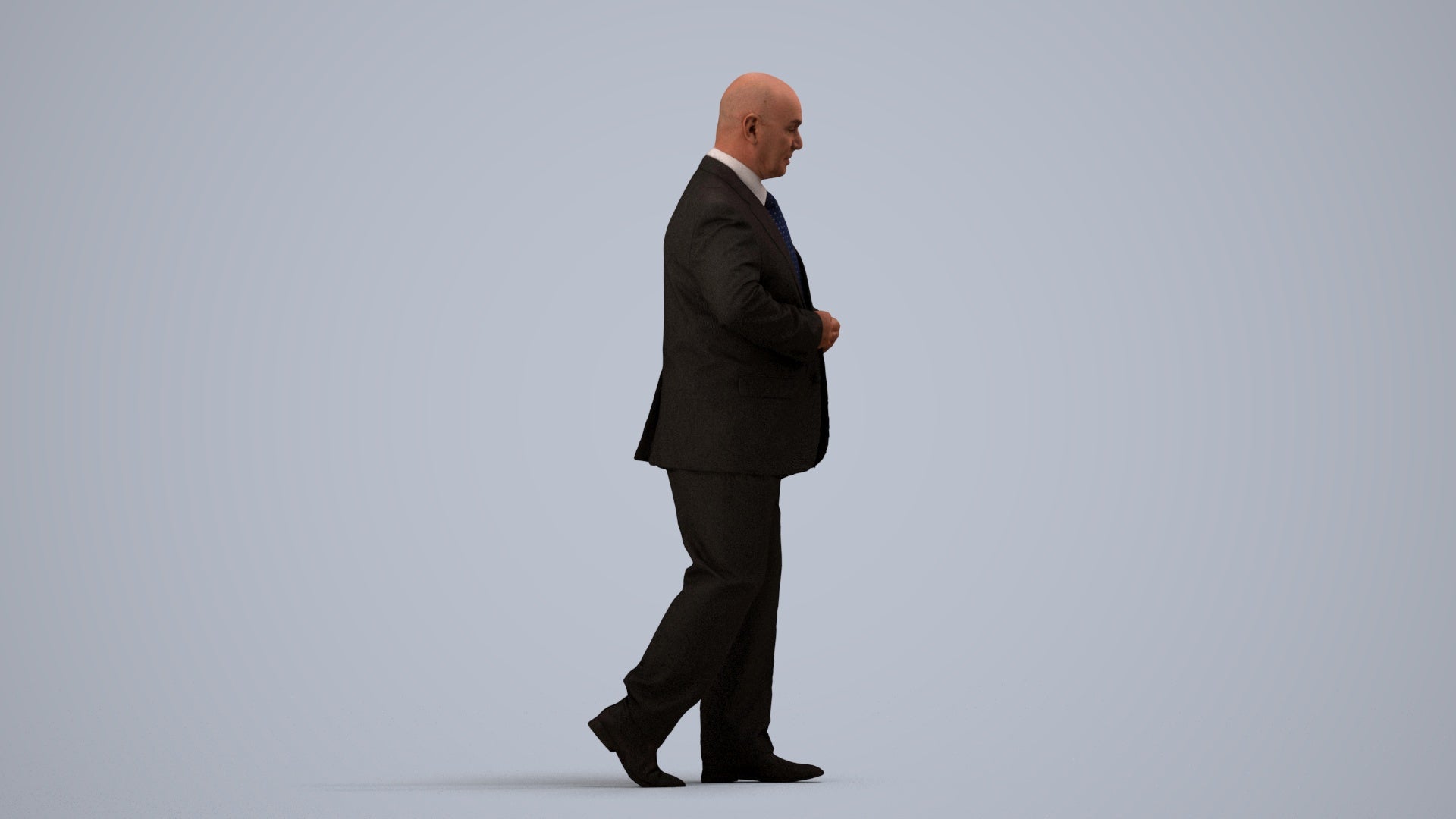 3D human model senior man business mix, photogrammetry scanned person for archviz, side view render