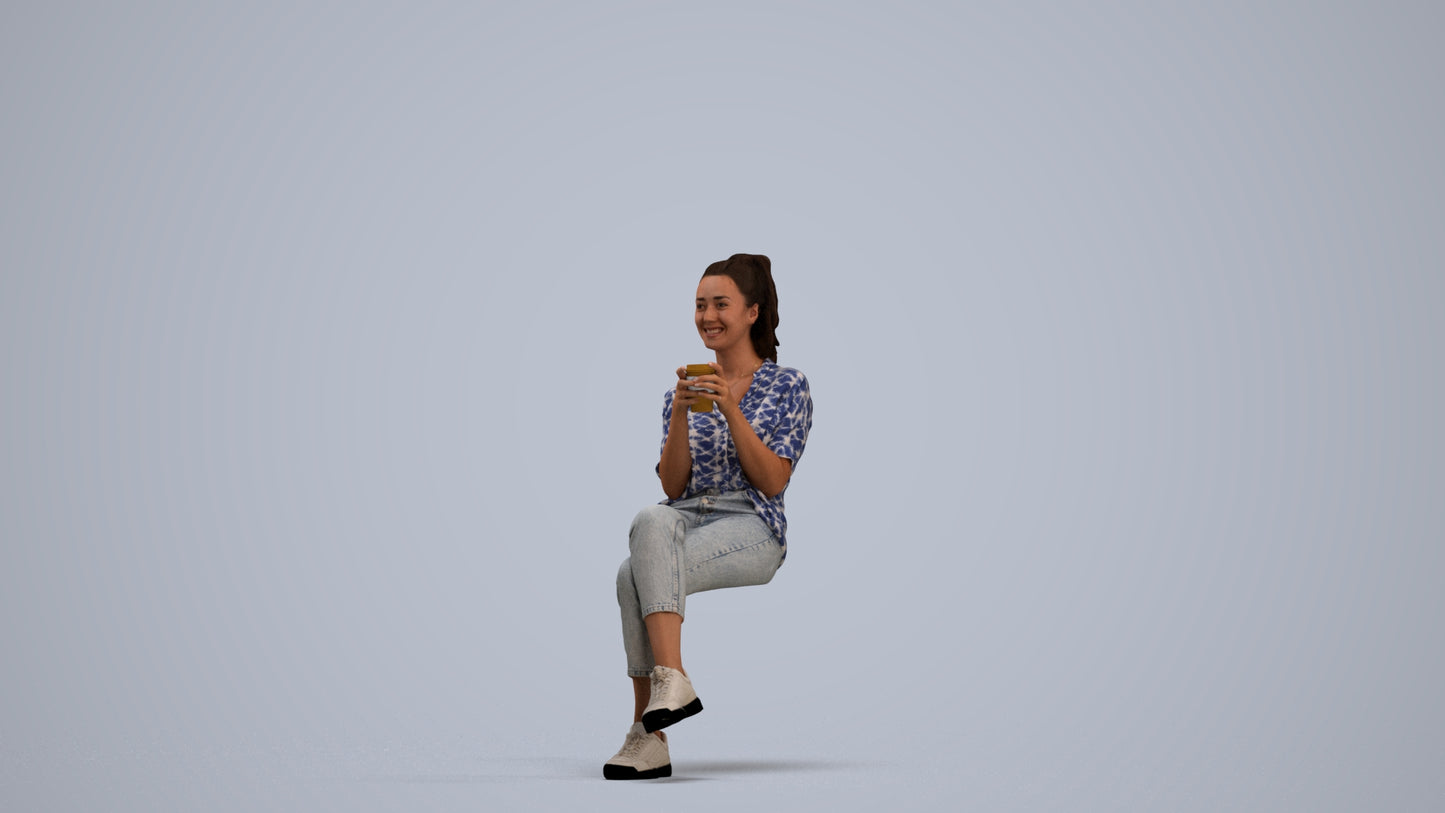realistic 3D woman casual sitting, scanned archviz people for Blender and 3ds Max, standing pose render