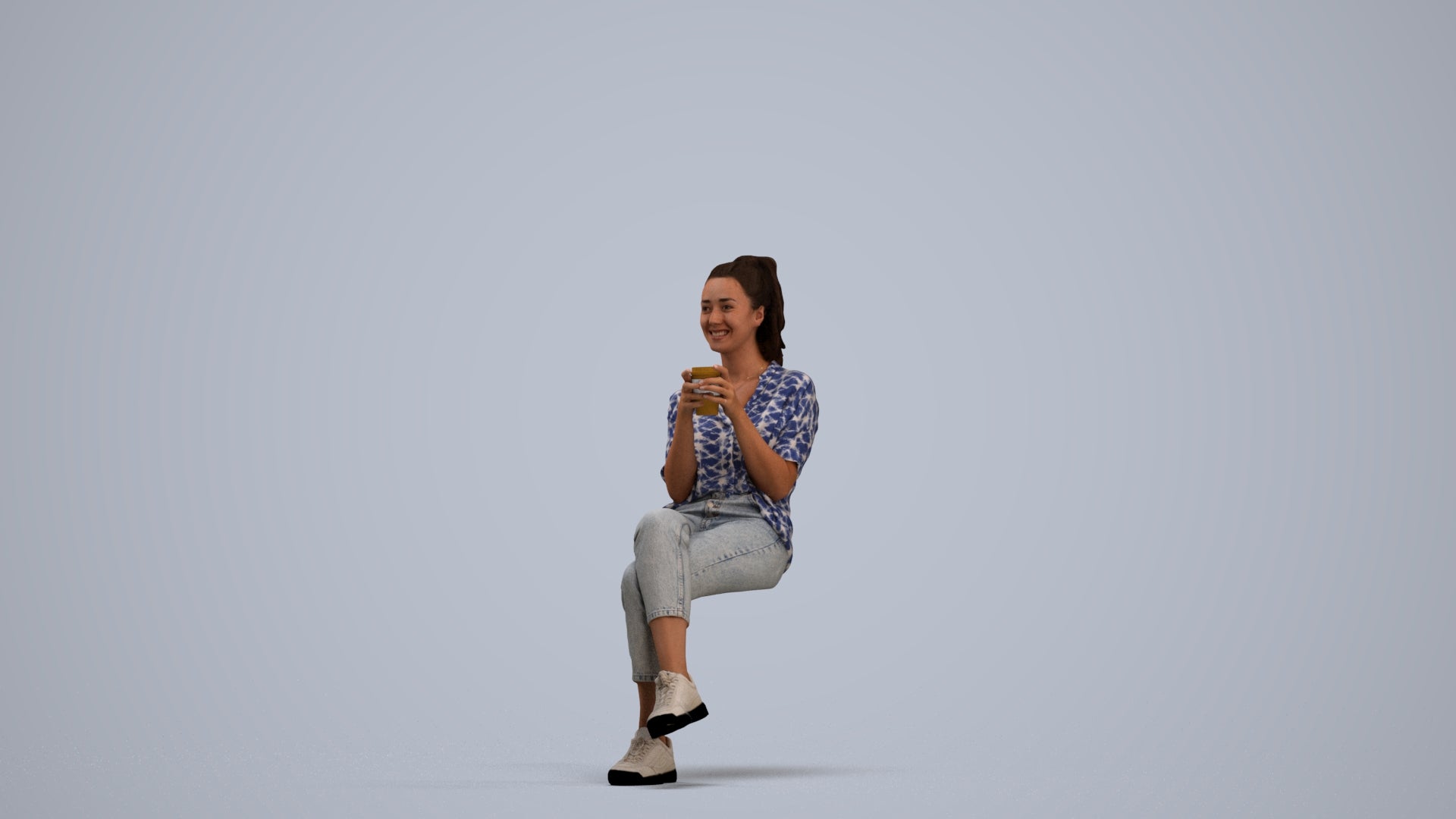 realistic 3D woman casual sitting, scanned archviz people for Blender and 3ds Max, standing pose render