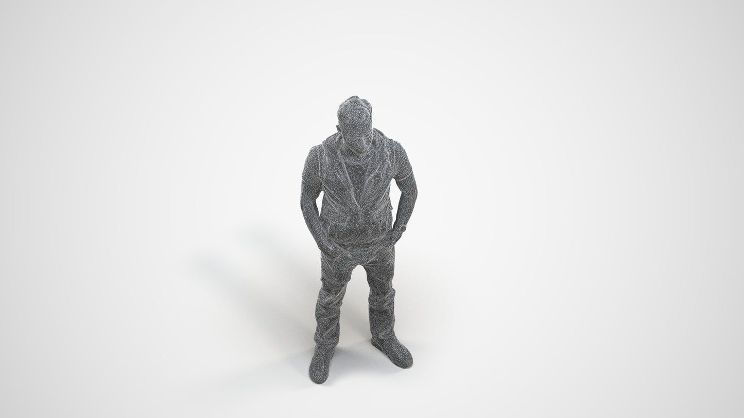 realistic 3D human man casual standing, archviz people FBX OBJ for Blender, wireframe three-quarter view