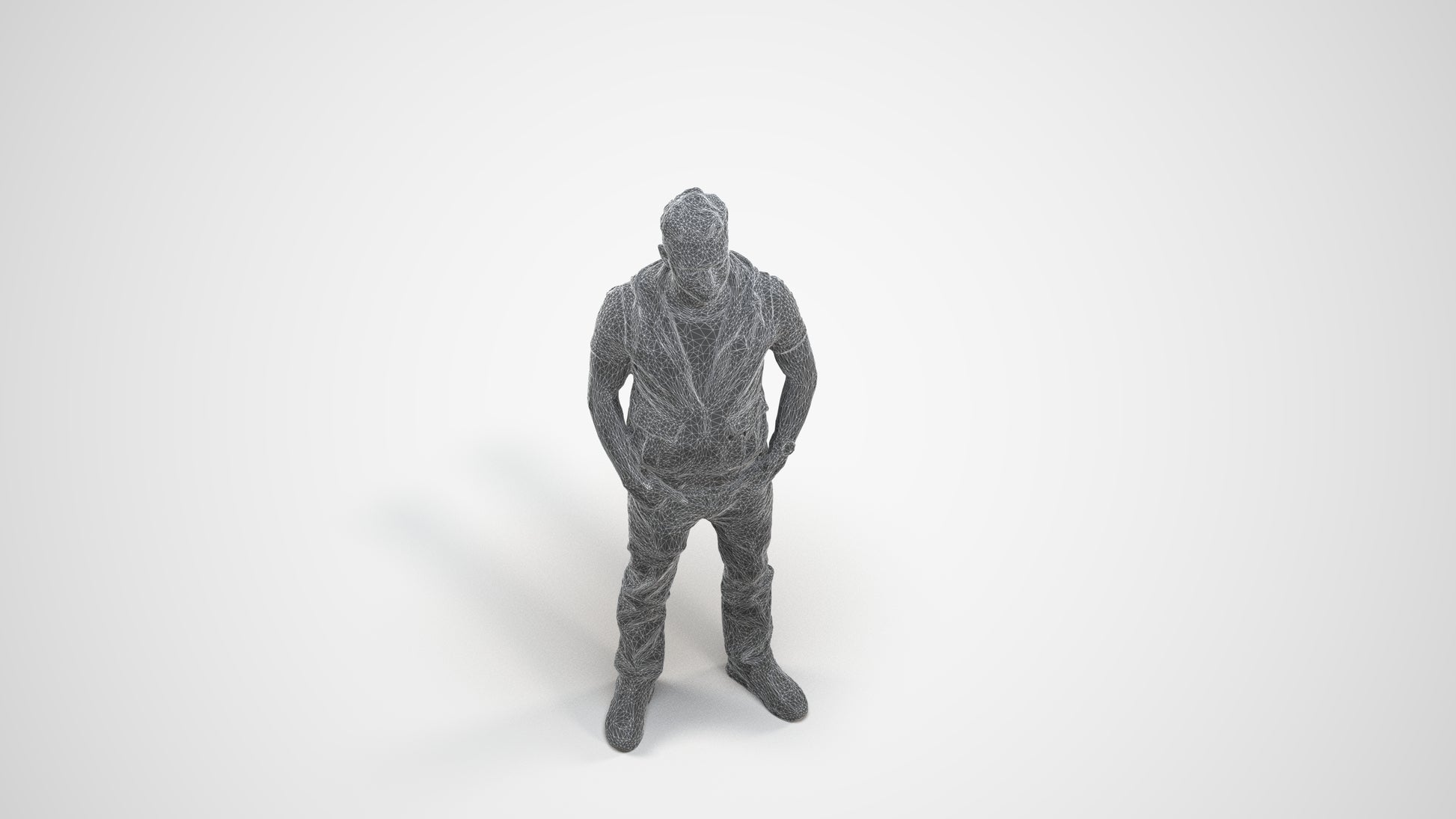 realistic 3D human man casual standing, archviz people FBX OBJ for Blender, wireframe three-quarter view